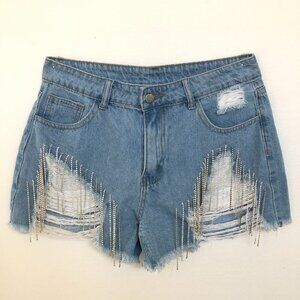Sparkle Embellished Fringe Distressed Denim Shorts Waist 30"